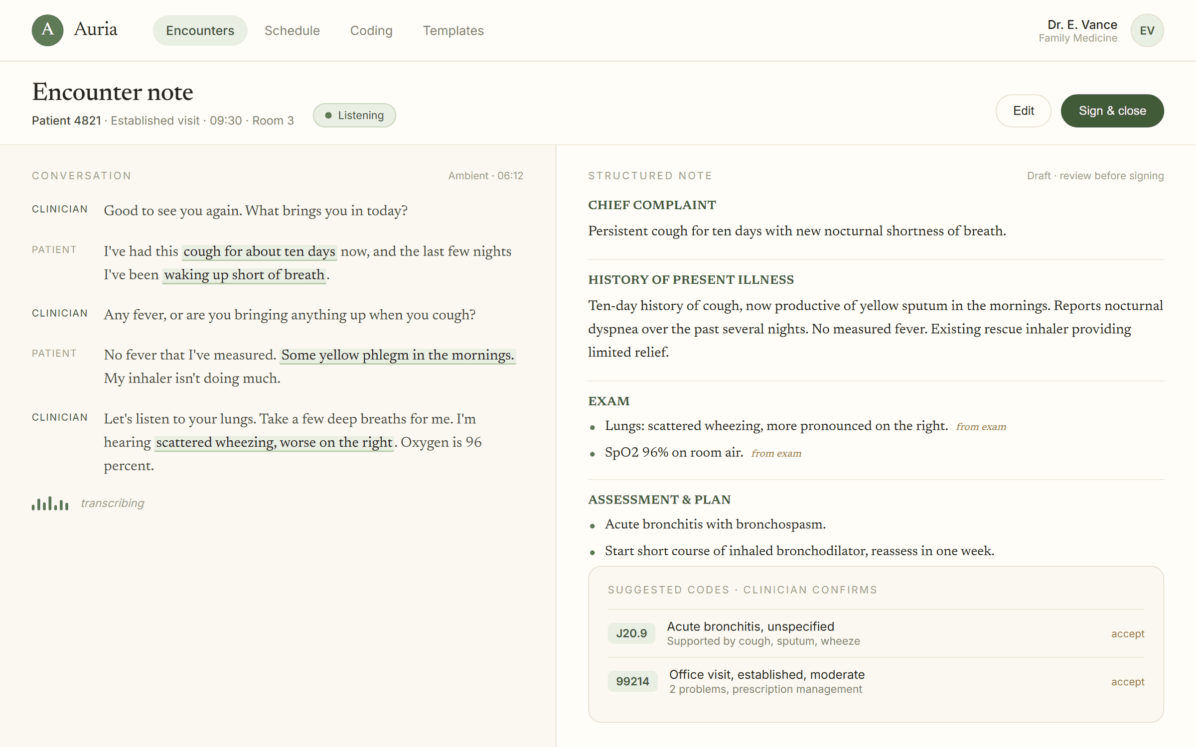 Auria, Encounter note. The conversation on the left, a structured draft on the right