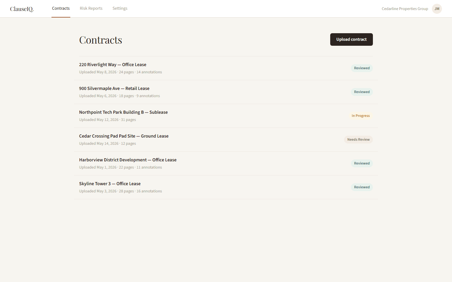 ClauseIQ, Contracts list. Every lease under review at a glance