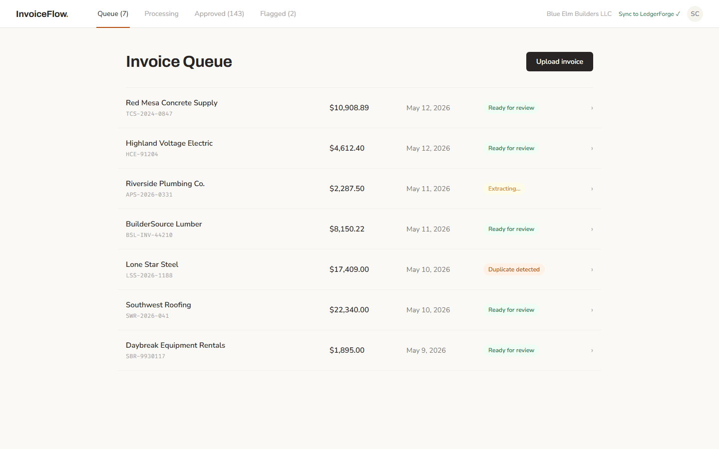 InvoiceFlow, AP inbox. Every invoice with status and routing at a glance
