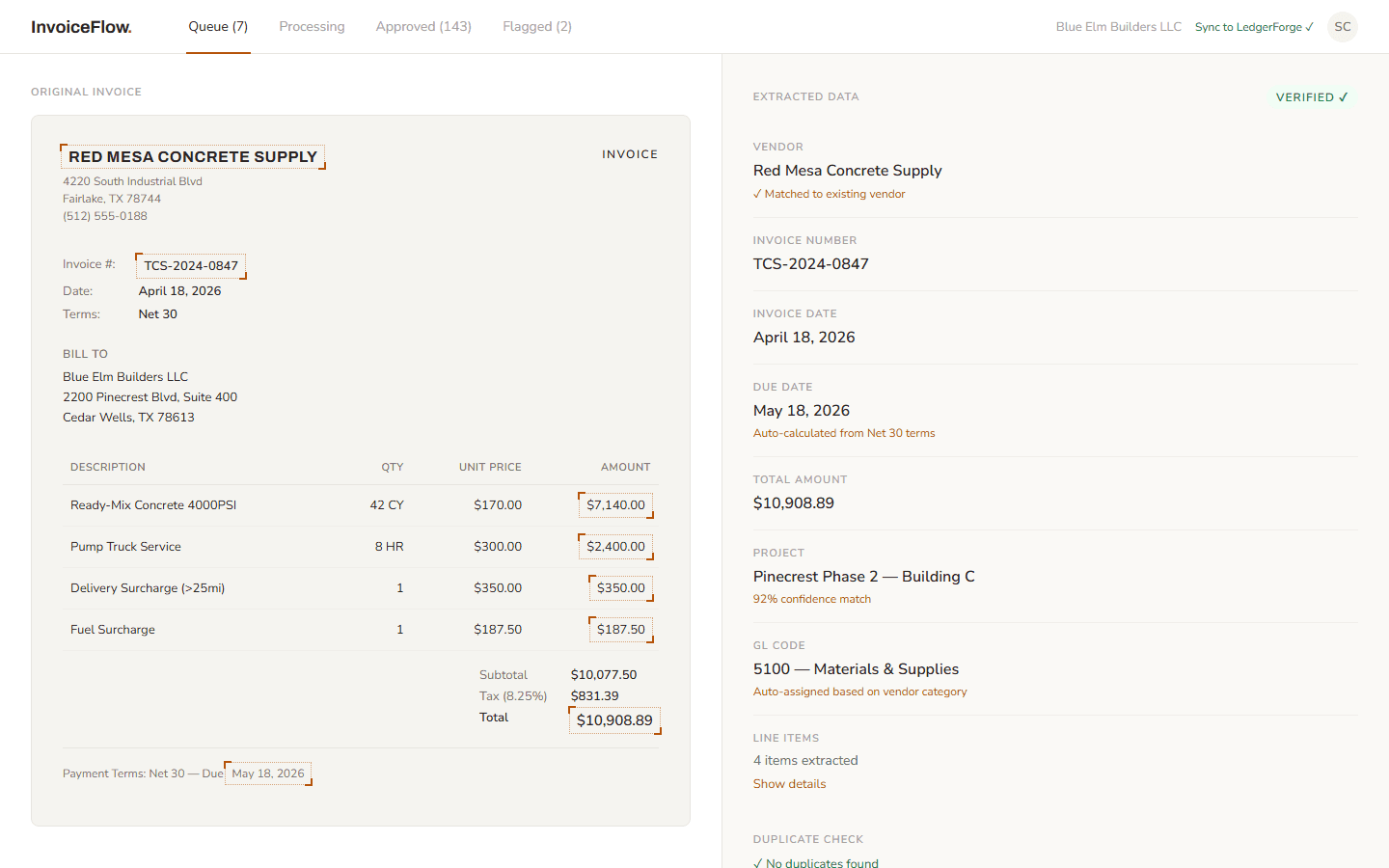 InvoiceFlow, Vendor, line items, and totals extracted from an invoice and verified.