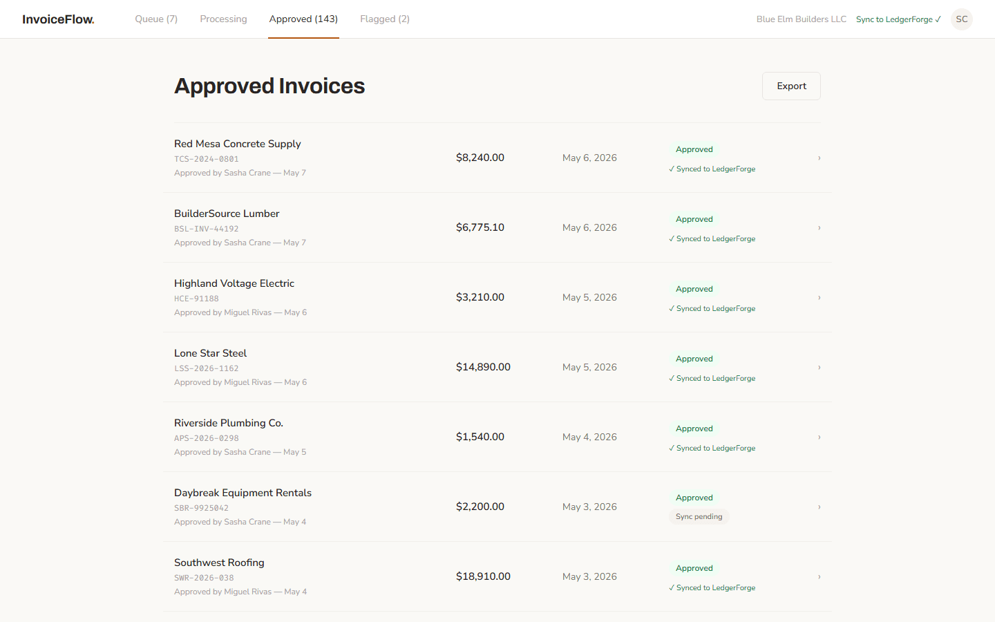 InvoiceFlow, Approved invoices synced automatically to the accounting system.