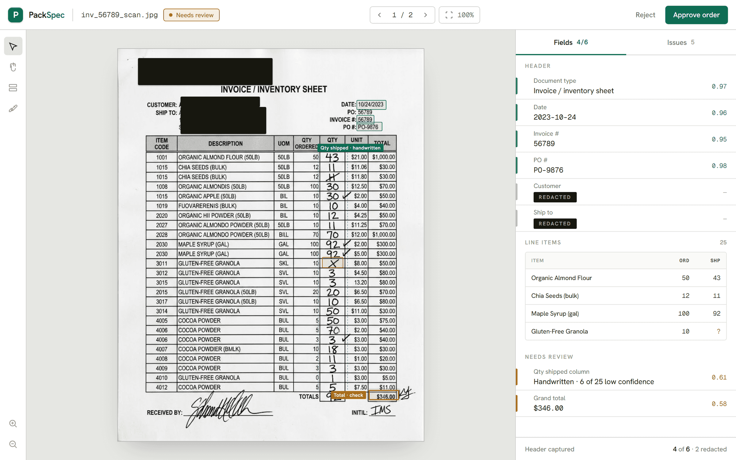 PackSpec, The incoming document beside the structured order, each field scored for confidence and missing ones flagged