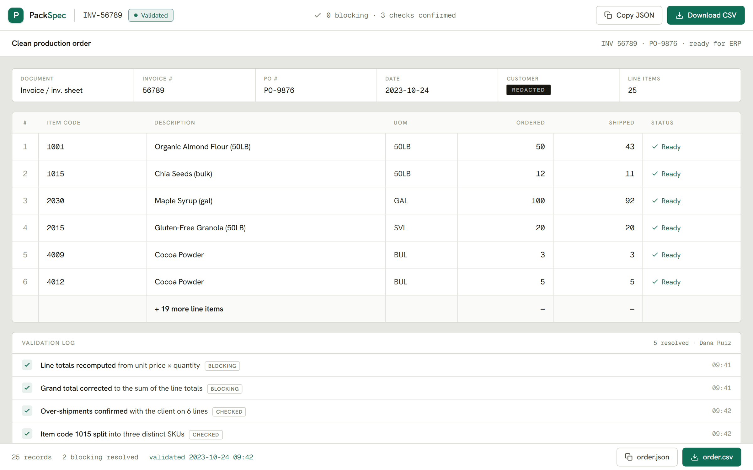 PackSpec, The clean production order, ready to copy as JSON or download as CSV for the ERP.