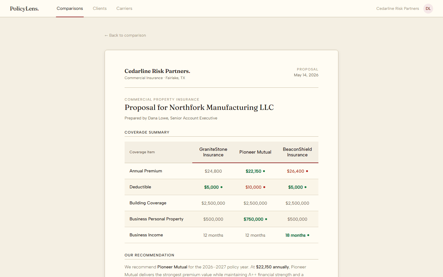 PolicyLens, A client-ready proposal generated from the comparison.
