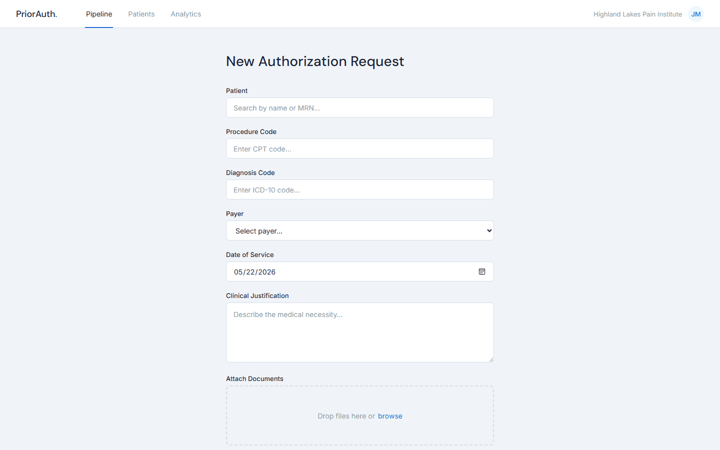 PriorAuth Tracker, A new authorization request with procedure, diagnosis, and payer fields.