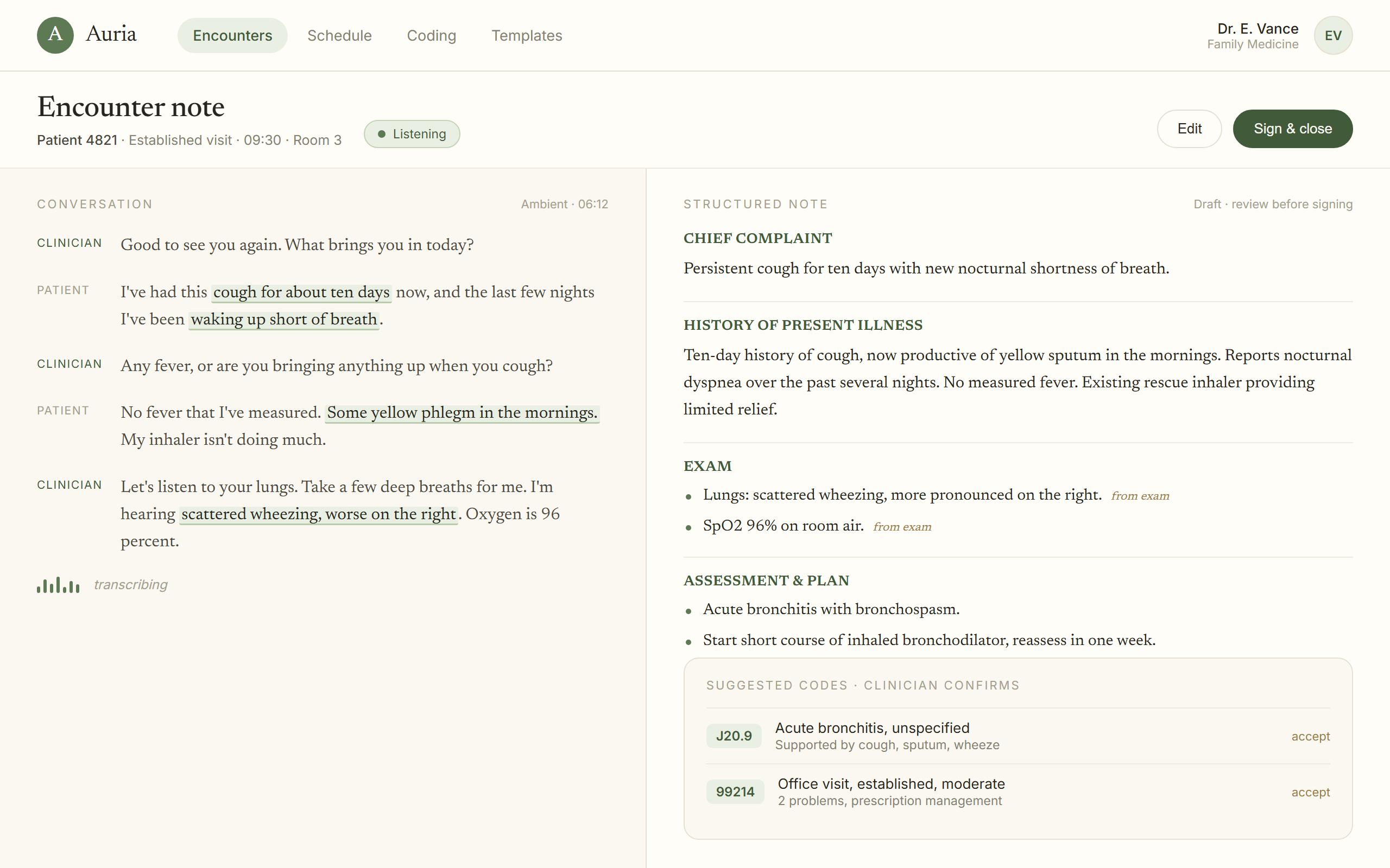 Auria, Encounter note. The conversation on the left, a structured draft on the right