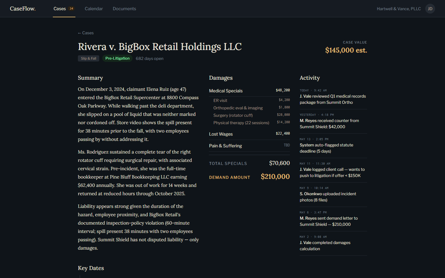 CaseFlow, A single matter with its damages breakdown and case activity.