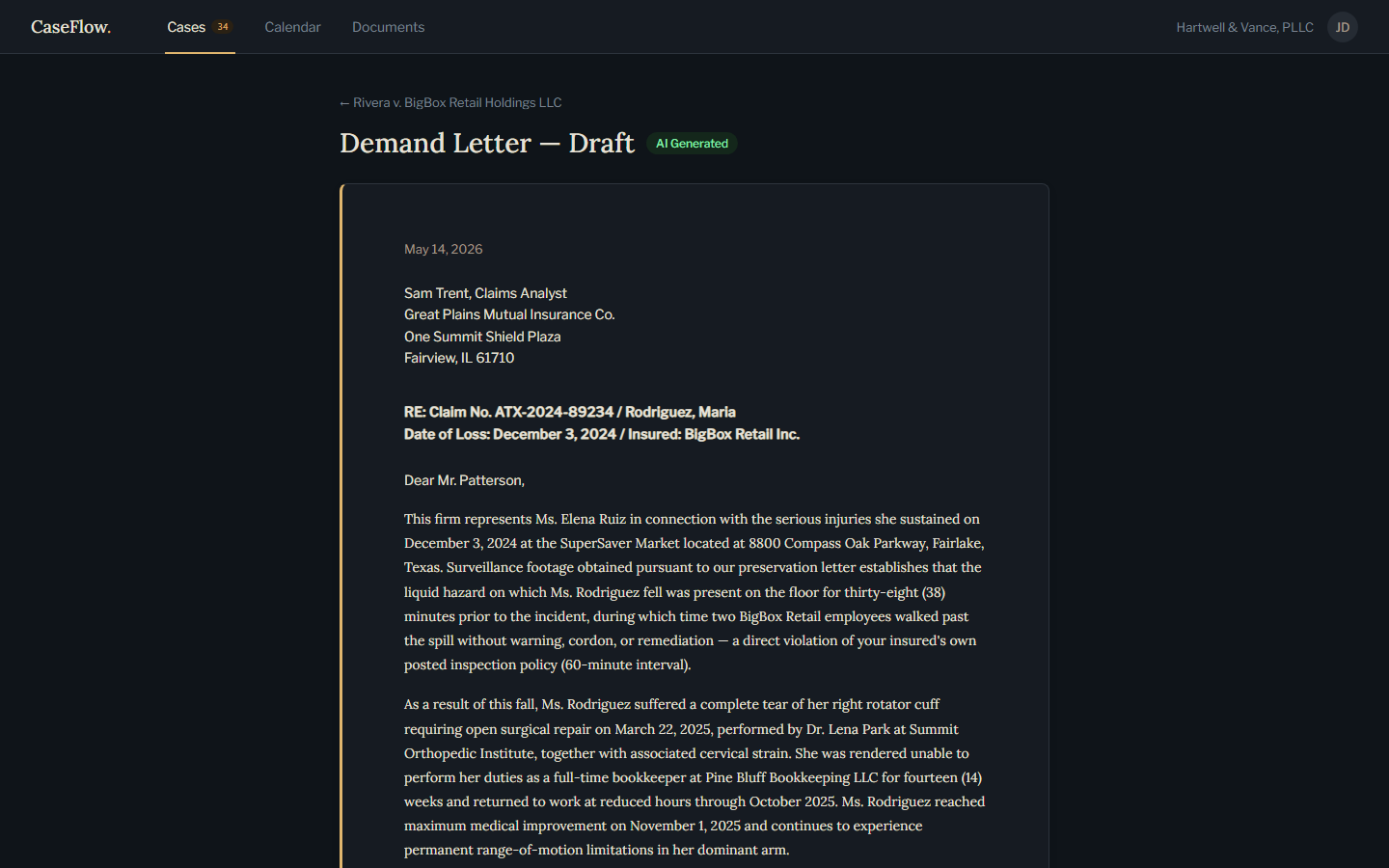 CaseFlow, A demand letter drafted from the case facts for the attorney to edit.