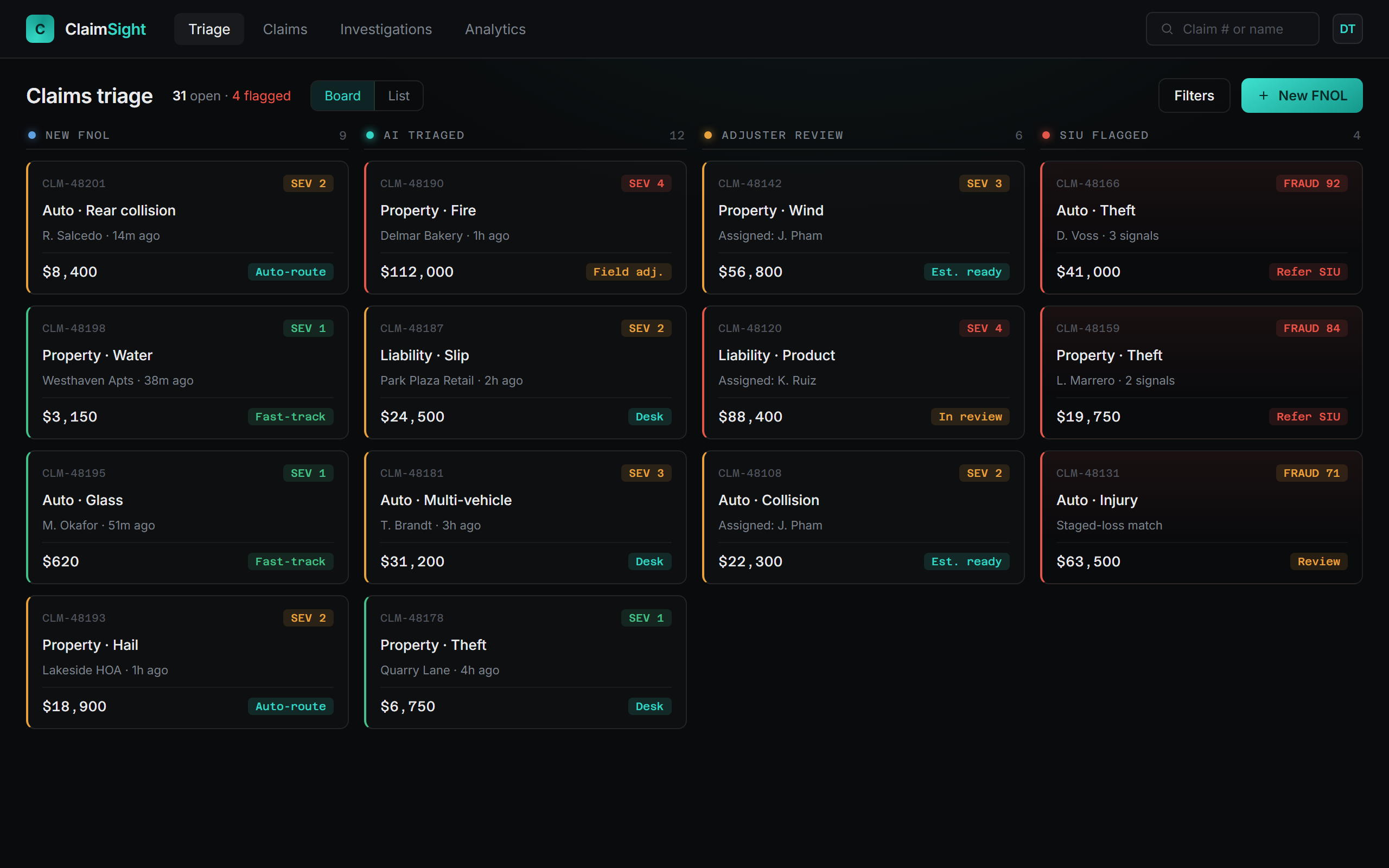 ClaimSight, Triage board. Every new claim scored for severity and fraud as it lands
