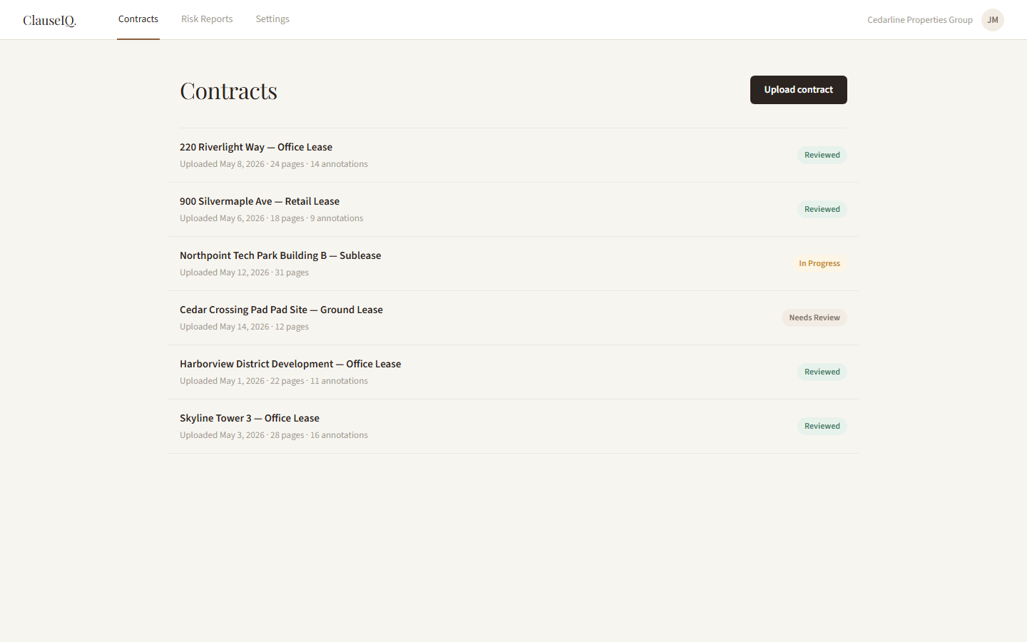 ClauseIQ, Contracts list. Every lease under review at a glance