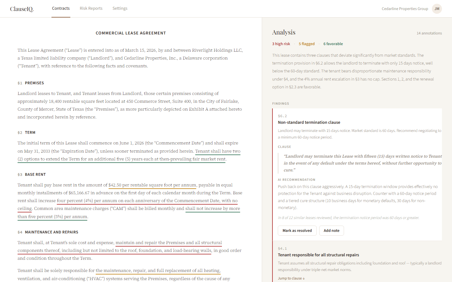 ClauseIQ, A flagged clause expanded with market-standard context and an AI recommendation.