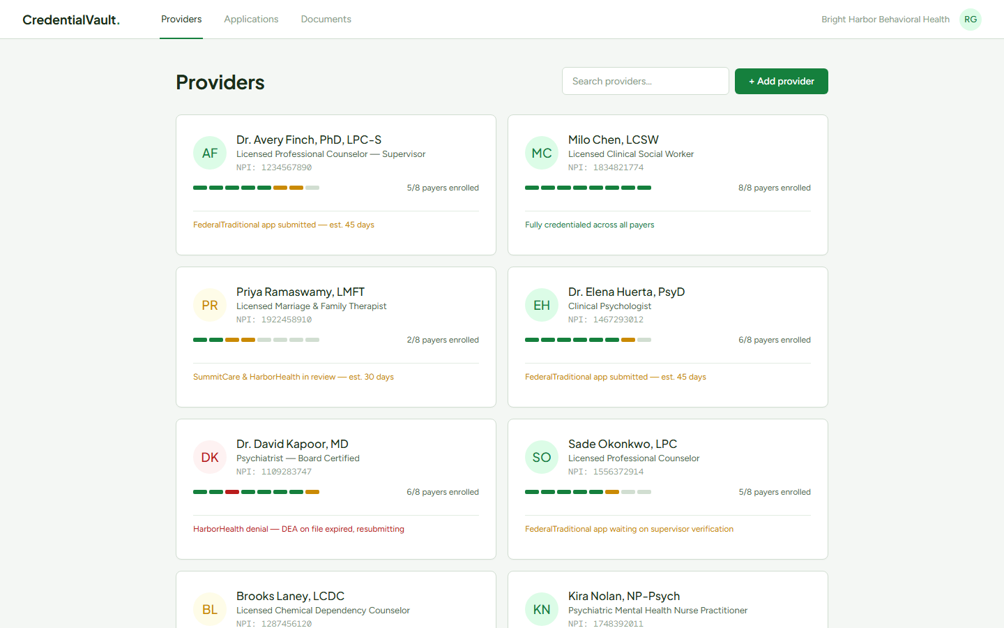 CredentialVault, Provider grid. Credentialing status across the whole roster