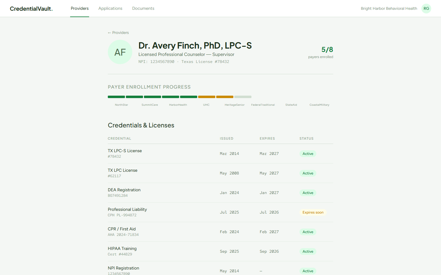 CredentialVault, A provider's payer-enrollment progress and credential status.