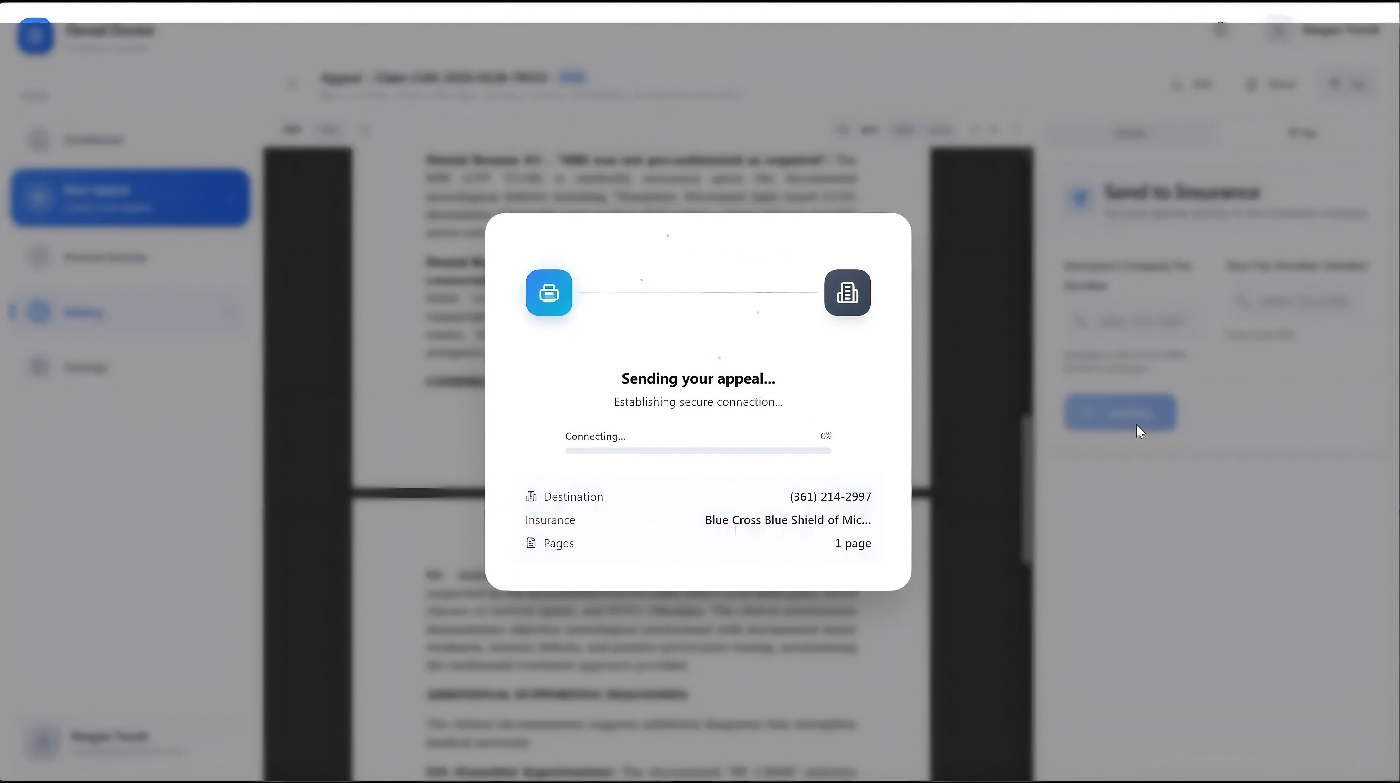 Denial Doctor, A finished appeal faxed straight to the payer with full audit logging.