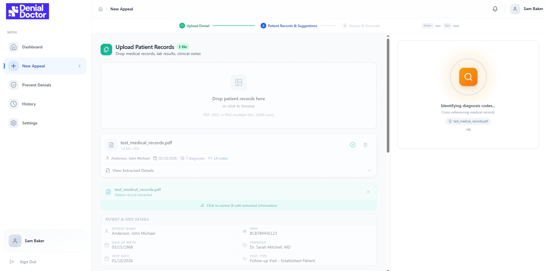 Denial Doctor, Patient records uploaded, with diagnoses and codes extracted automatically.