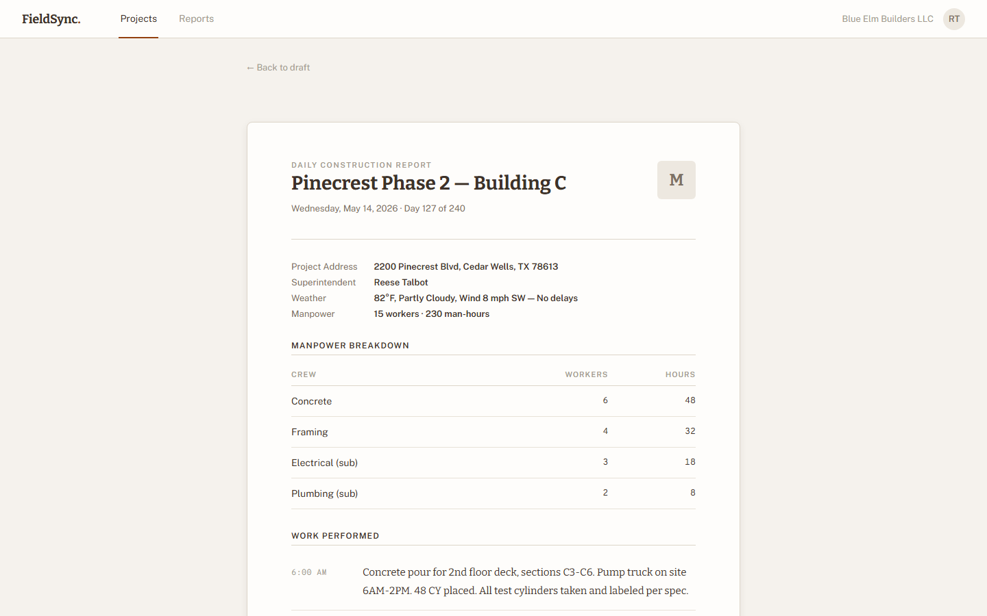 FieldSync, The same report formatted as a clean PDF for the owner.