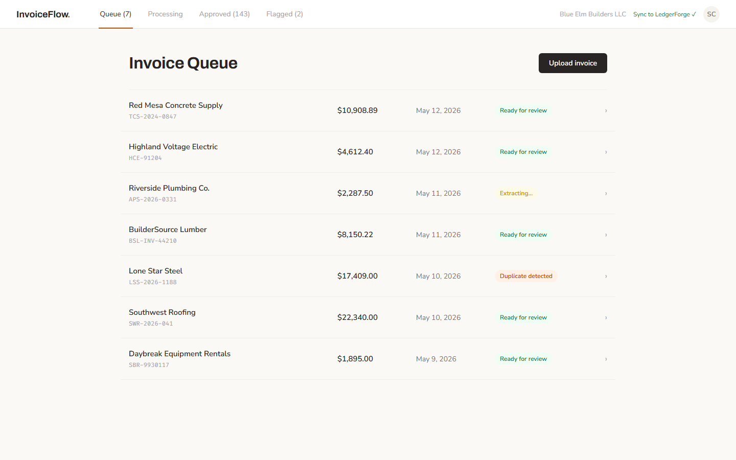InvoiceFlow, AP inbox. Every invoice with status and routing at a glance