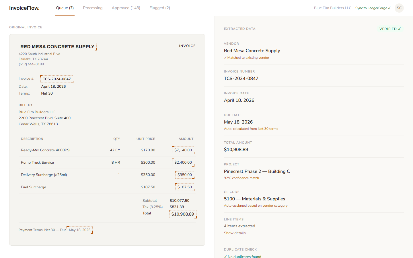 InvoiceFlow, Vendor, line items, and totals extracted from an invoice and verified.