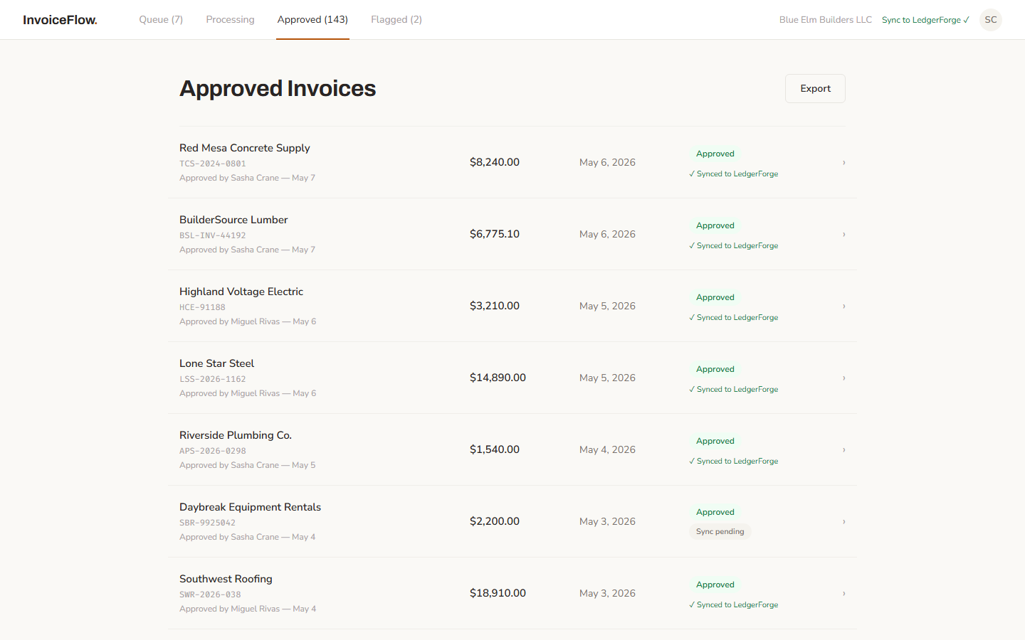 InvoiceFlow, Approved invoices synced automatically to the accounting system.