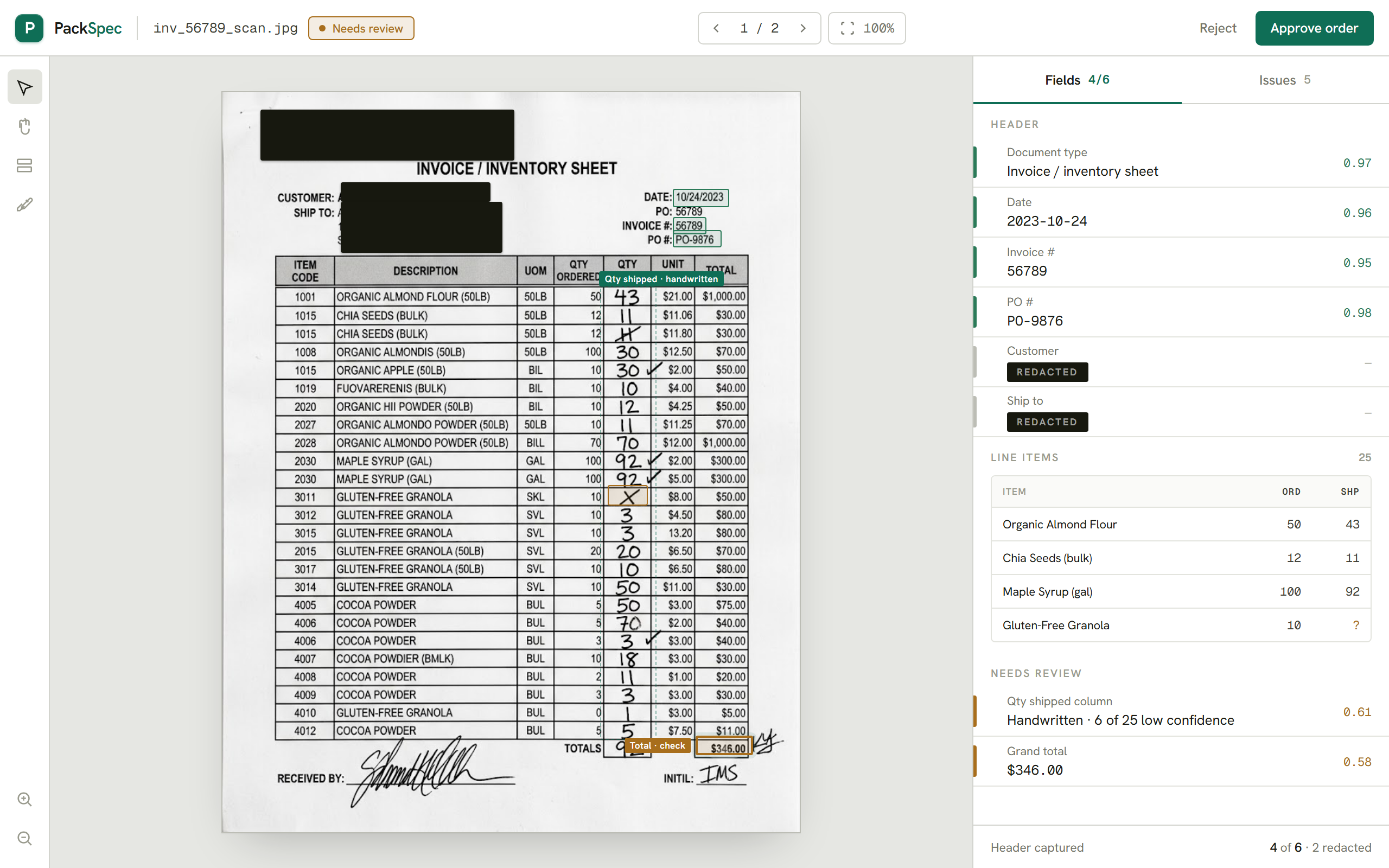 PackSpec, The incoming document beside the structured order, each field scored for confidence and missing ones flagged