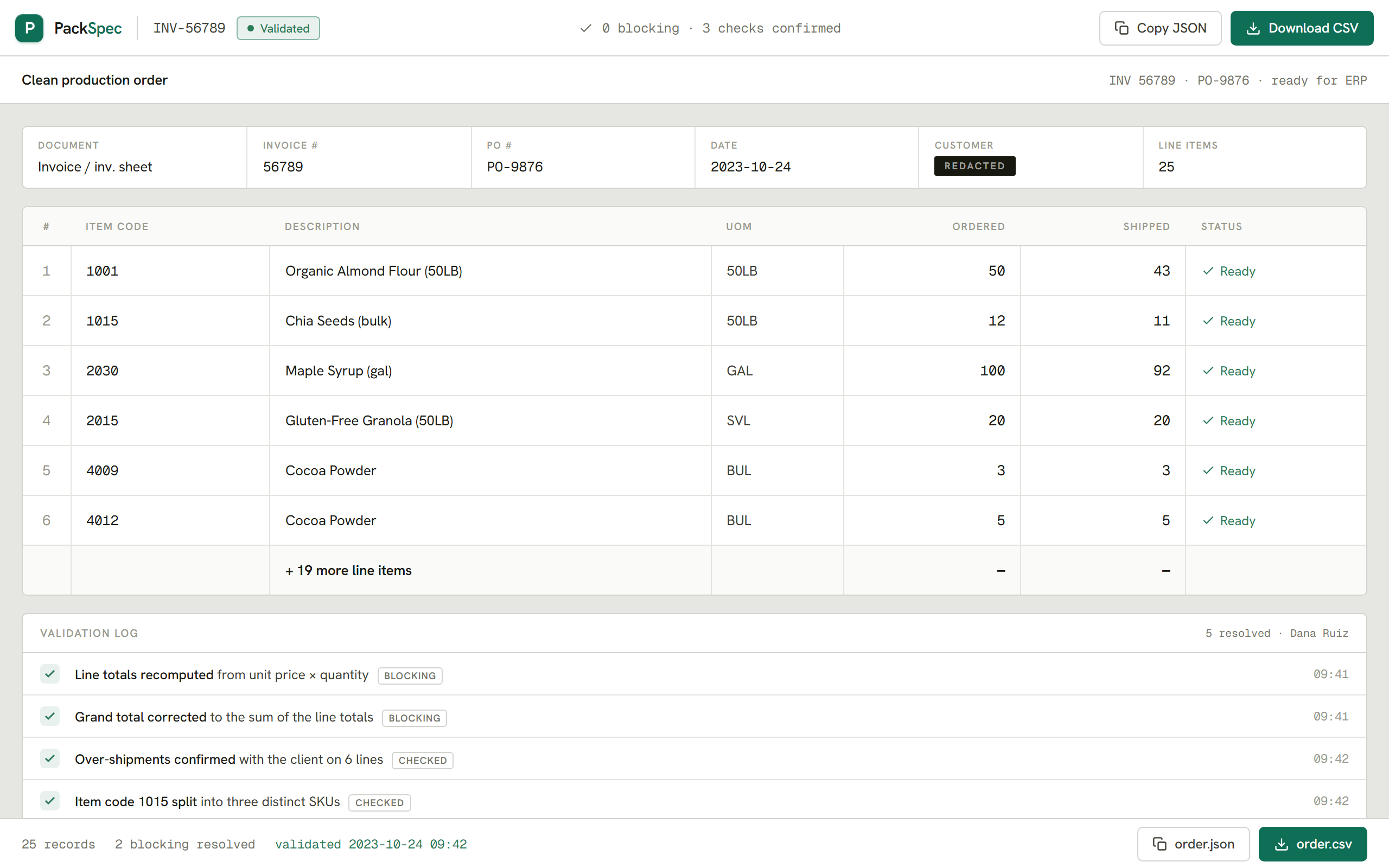 PackSpec, The clean production order, ready to copy as JSON or download as CSV for the ERP.