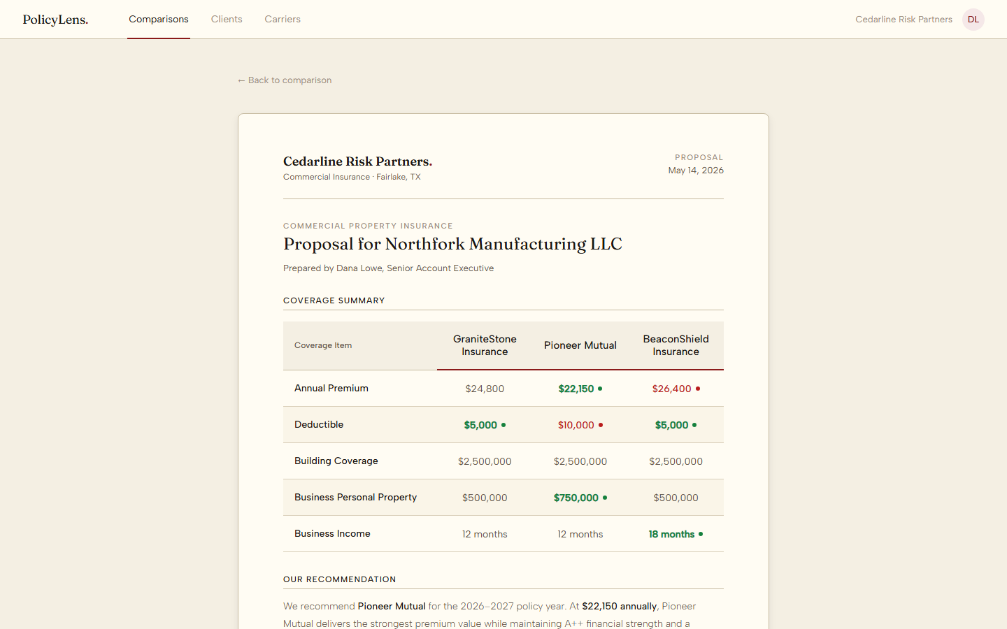 PolicyLens, A client-ready proposal generated from the comparison.