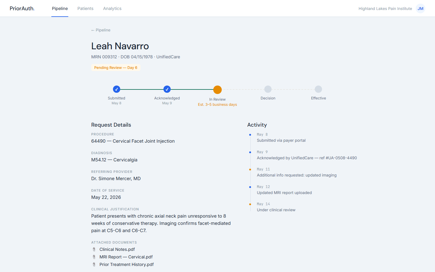 PriorAuth Tracker, An authorization detail with its full status timeline and activity log.