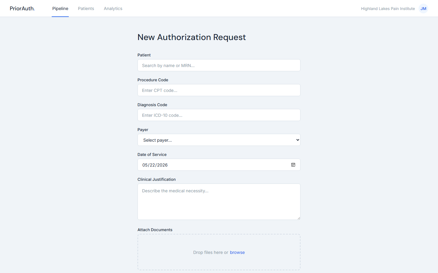 PriorAuth Tracker, A new authorization request with procedure, diagnosis, and payer fields.