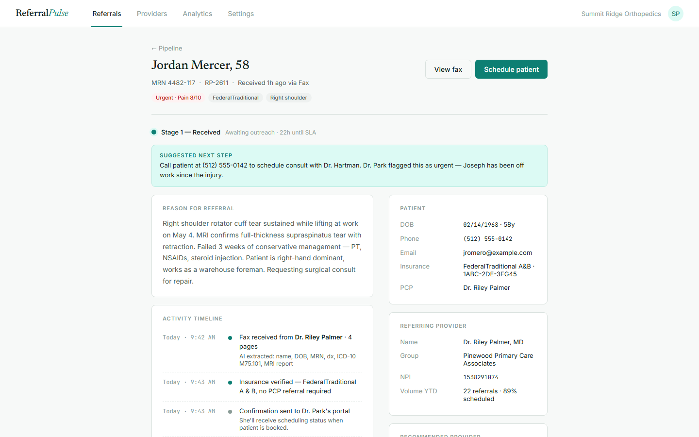 ReferralPulse, A referral with patient context, extracted details, and the next step.