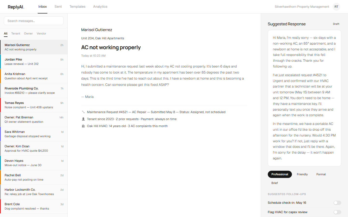 ReplyAI, Inbox. Tenant maintenance request with AI-drafted response