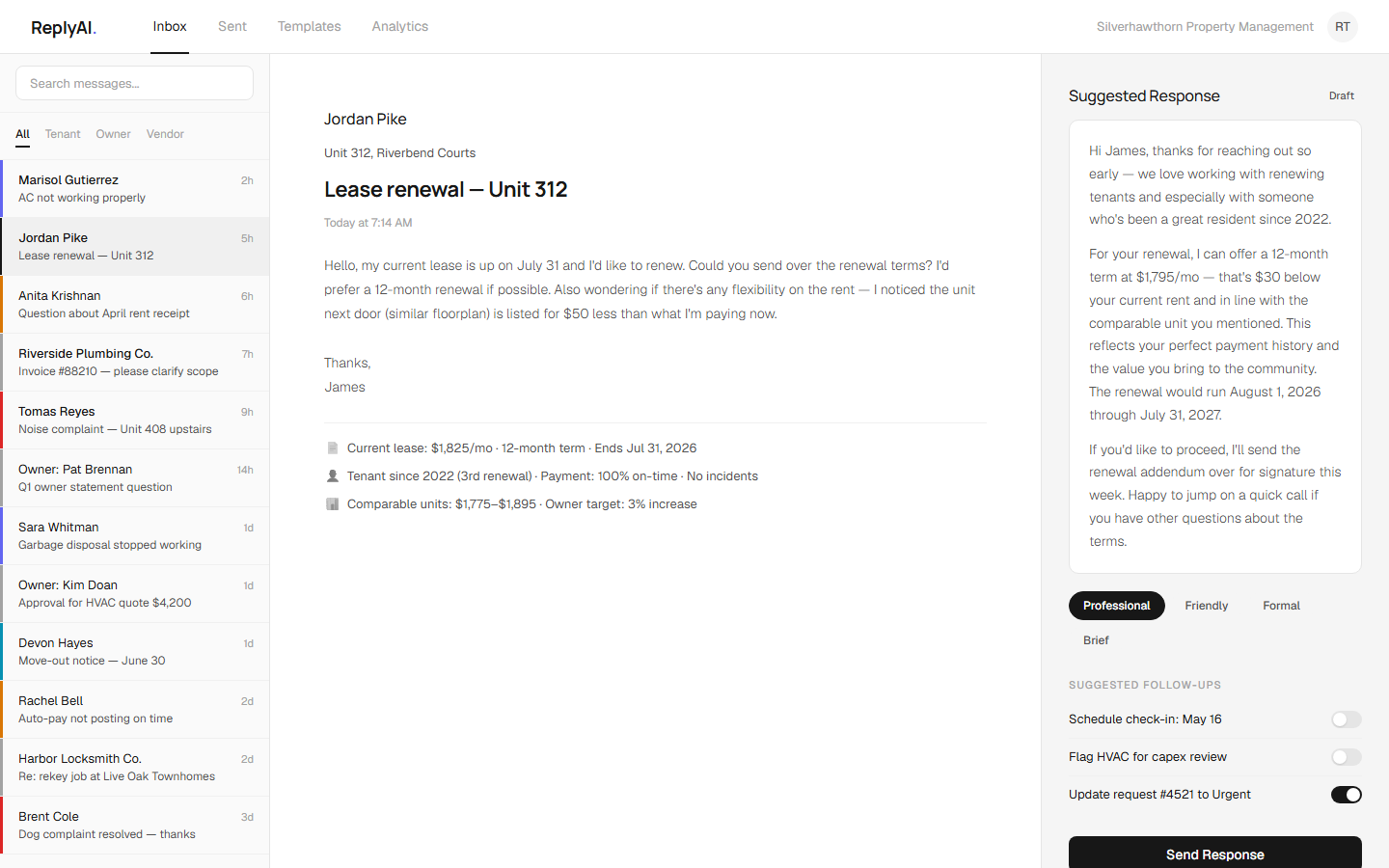 ReplyAI, A drafted reply with tone options and suggested follow-up actions.