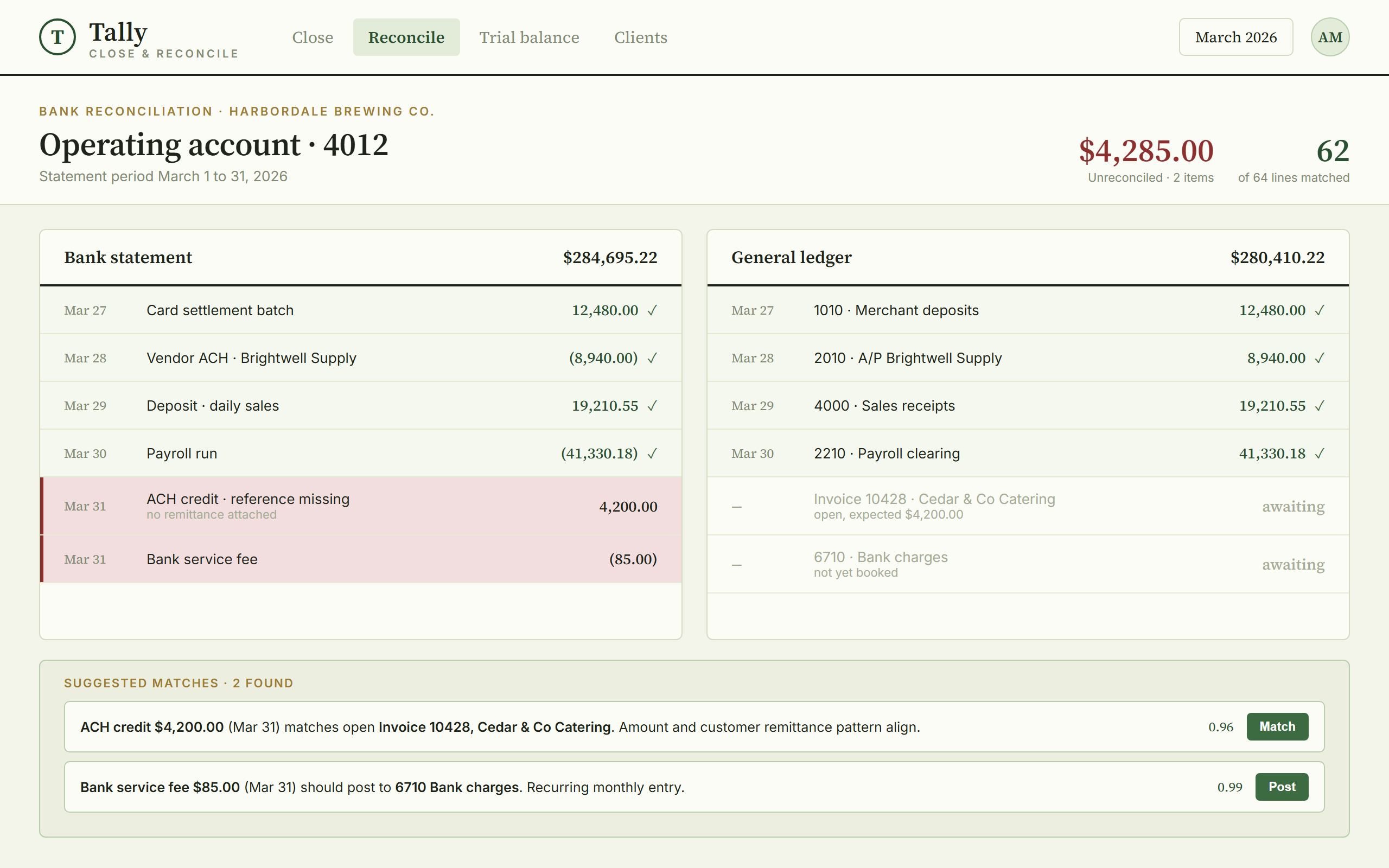 Tally, Bank reconciliation with matched lines and suggested matches.