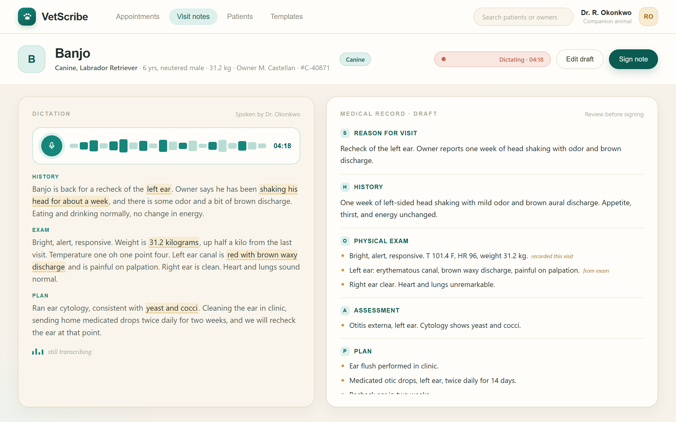 VetScribe, Visit note. The dictation on one side, a structured medical record on the other